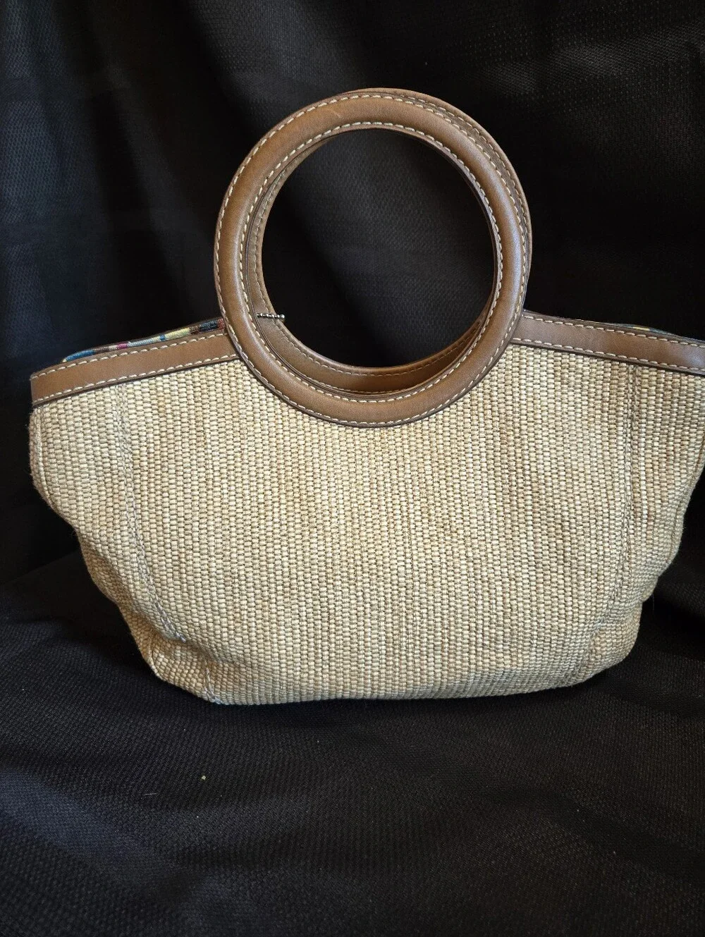 Fossil Woven Straw Tote with Brown Leather Handles NWOT